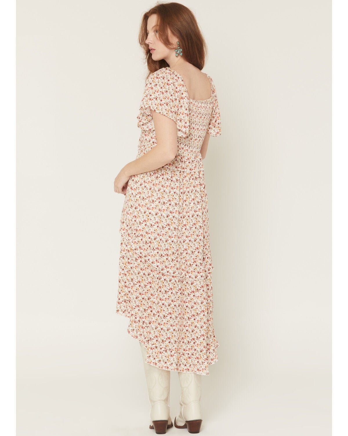 Product Name:  Wild Moss Women's Floral Print Ruffle Tiered High-Low Midi Dress