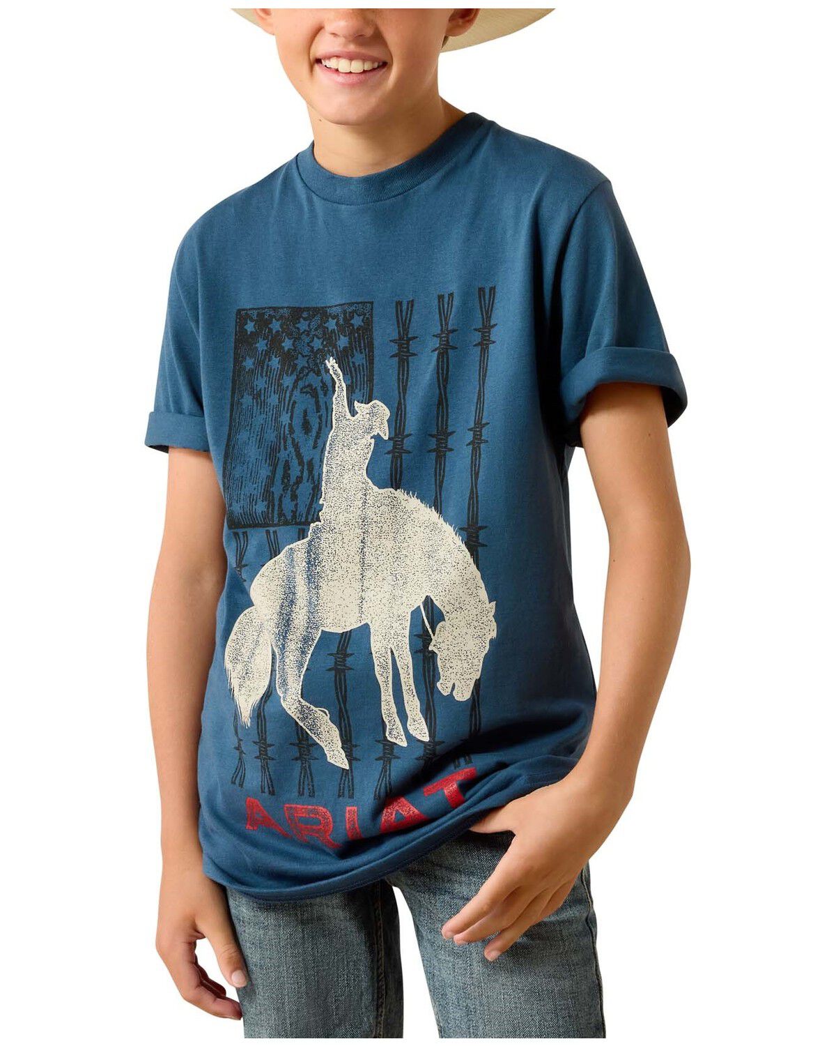 Image #1 - Ariat Boys' Flag Bronco Short Sleeve Graphic T-Shirt, Blue, hi-res