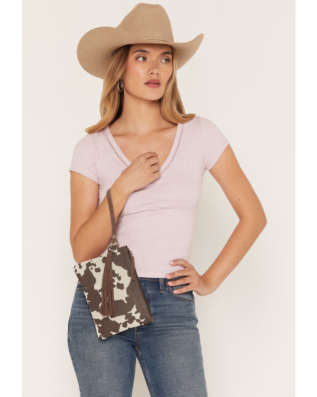 Image #1 - Shyanne Women's Cow Print Suede Wristlet Pouch, Brown, hi-res