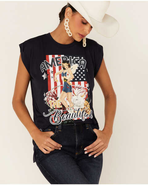 Rodeo Quincy Women's America The Beautiful Graphic Short Sleeve Muscle Tee , Navy, hi-res