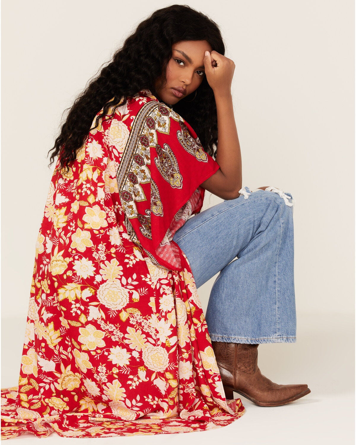 Band of the Free Women's From Paris With Love Floral Print Kimono, Red, hi-res