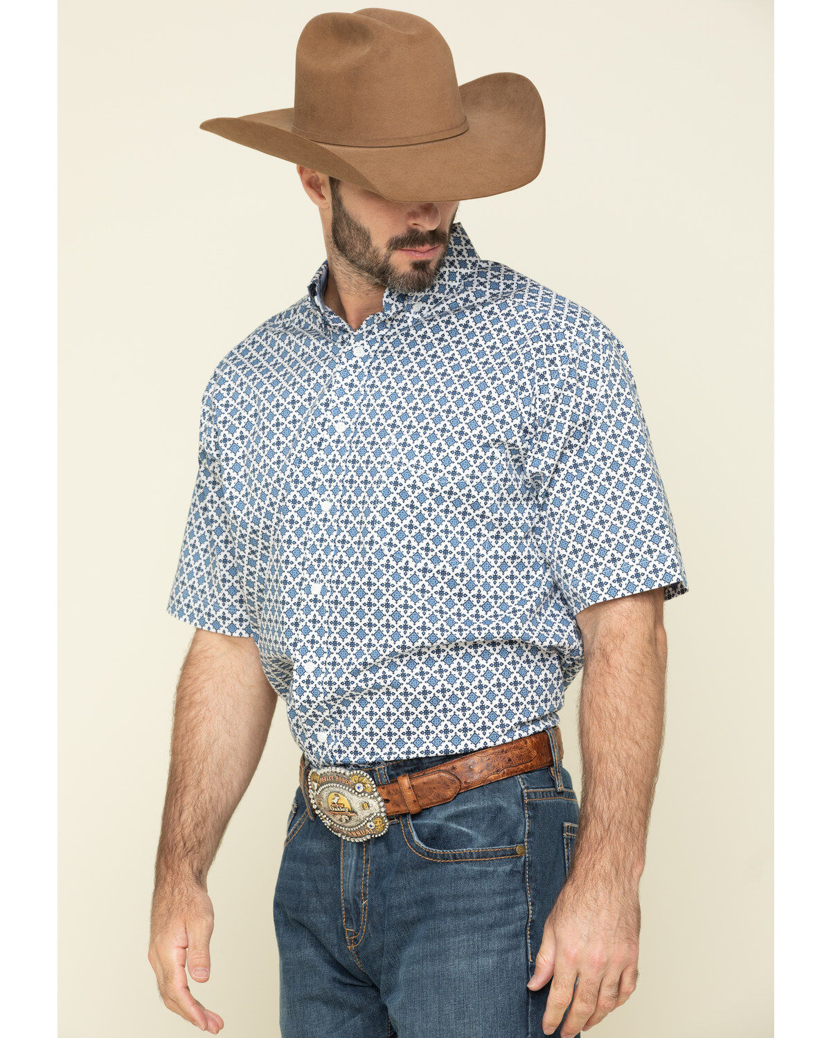 Image #3 - Tuf Cooper Men's Competition White Stretch Geo Print Short Sleeve Western Shirt, , hi-res