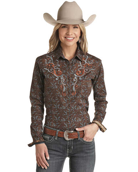 Image #1 - Panhandle Women's Brown Floral Print Embroidered Long Sleeve Western Shirt - Plus , , hi-res