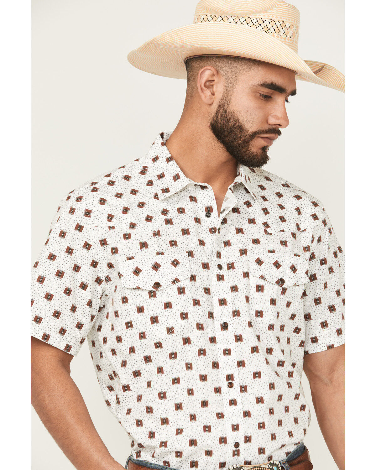 Image #2 - Gibson Trading Co Men's Barn Door Southwestern Print Short Sleeve Snap Stretch Western Shirt, White, hi-res