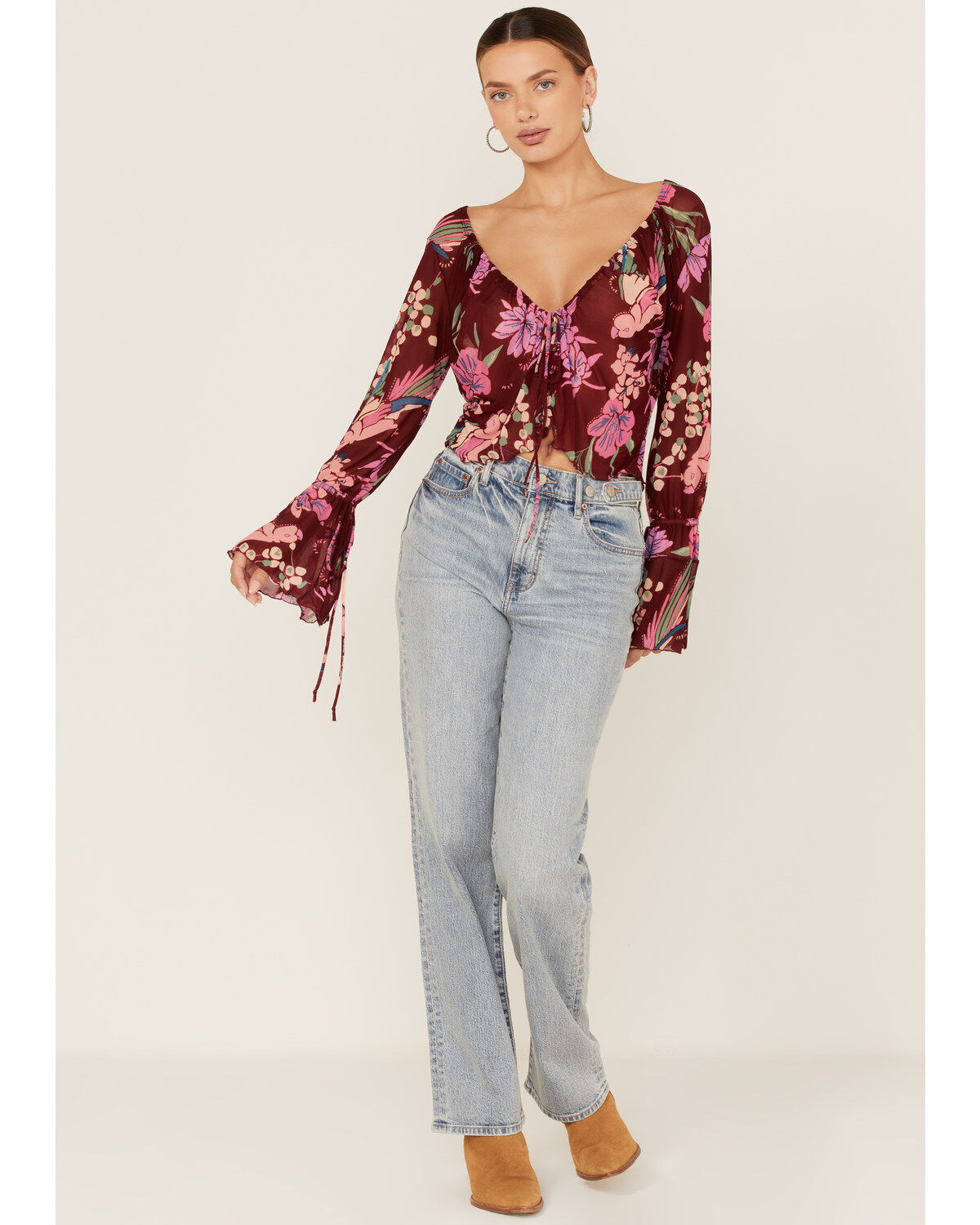 Image #2 - Free People Women's Floral Print Of Paradise Tie Front Crop Top, Red, hi-res