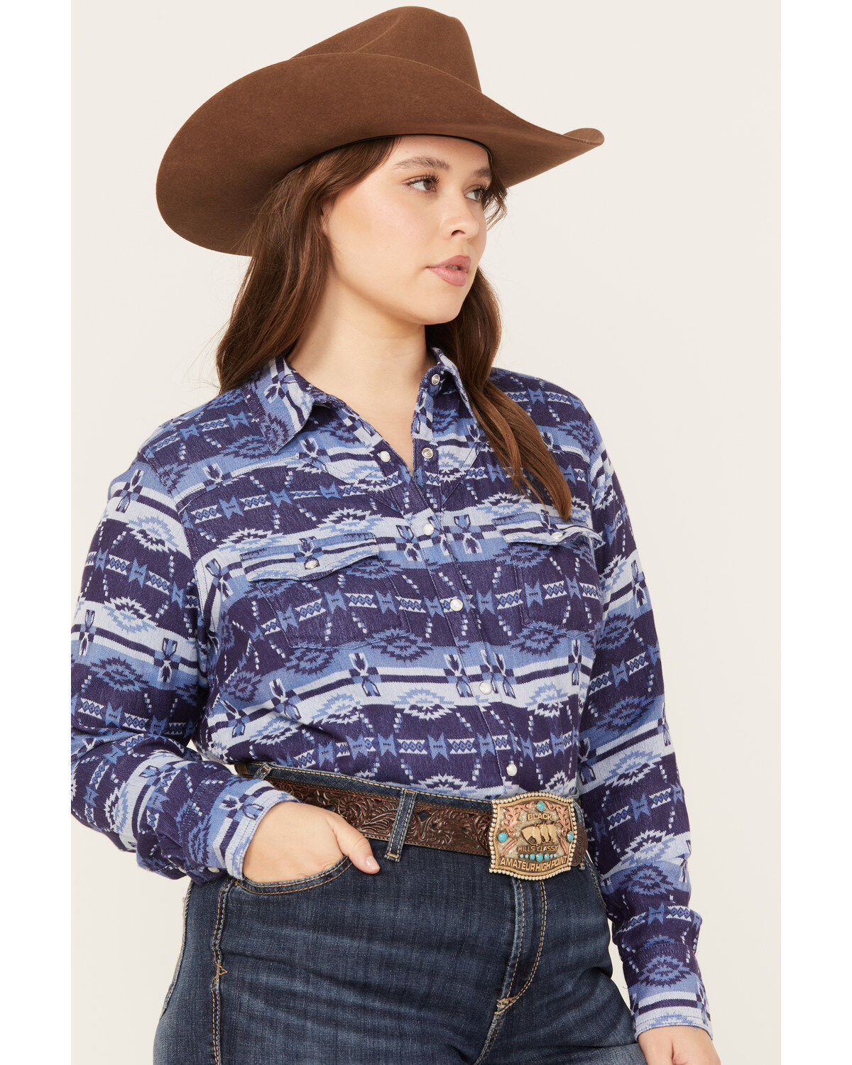 Image #2 - Ariat Women's Southwestern Oceanic Print Long Sleeve Western Pearl Snap Shirt - Plus, Blue, hi-res