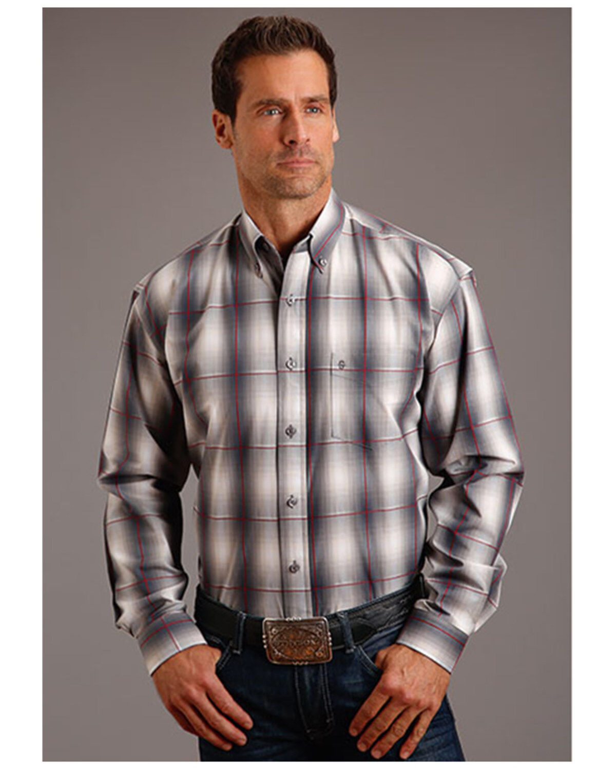 Image #1 - Stetson Men's Plaid Print Long Sleeve Button Down Western Shirt, Grey, hi-res