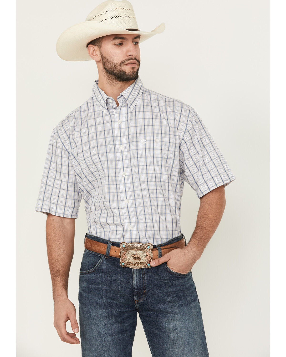 Wrangler Men's Classic Plaid Print Short Sleeve Button-Down Western Shirt, White, hi-res