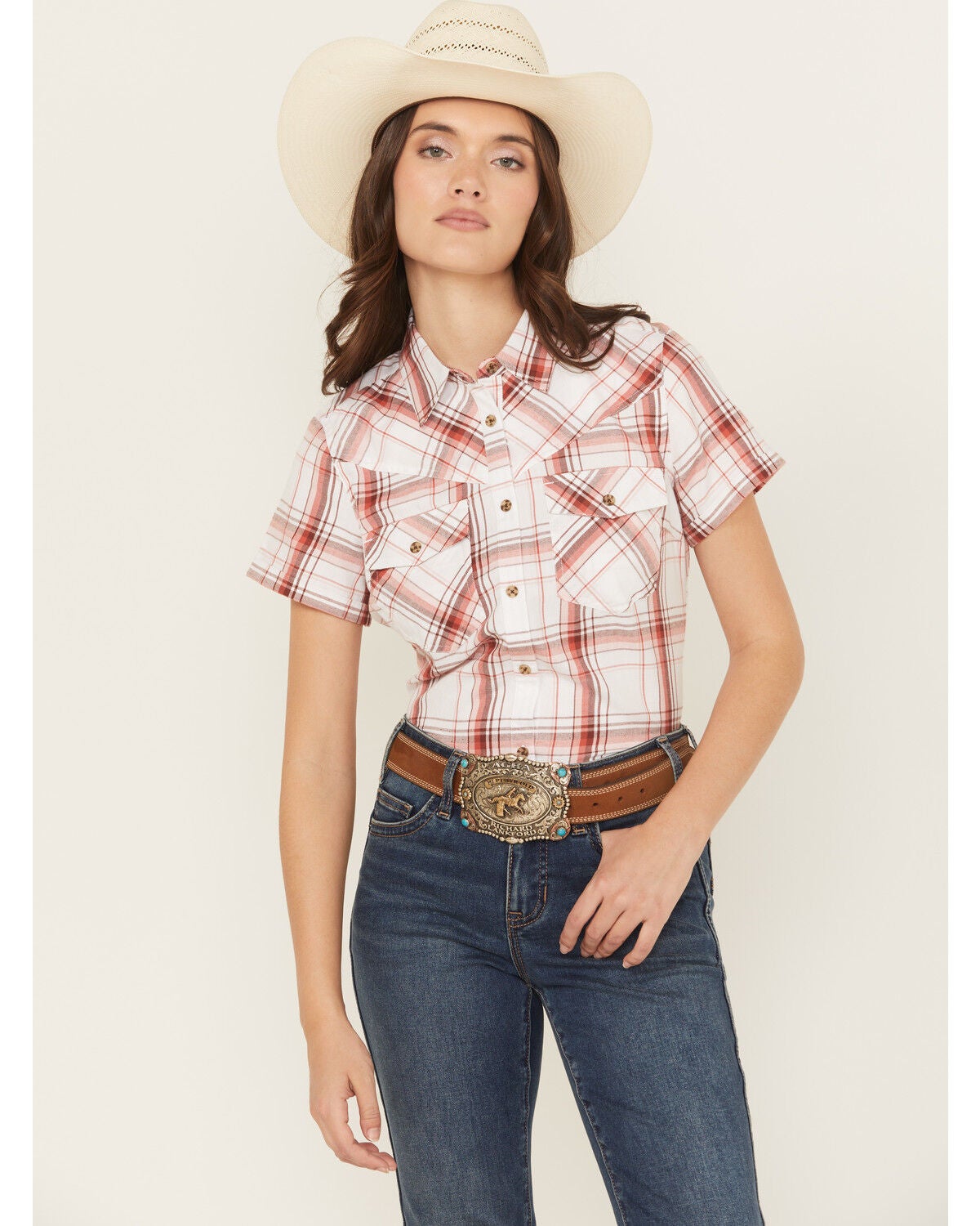 Shyanne Women's Plaid Print Short Sleeve Button-Down Western Shirt, White, hi-res