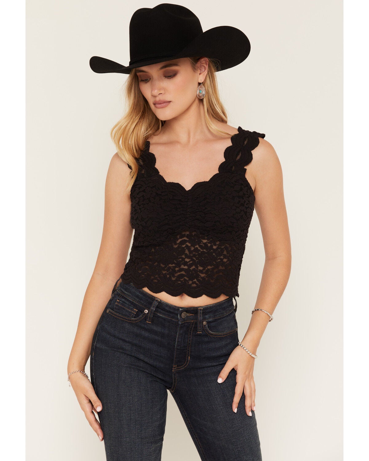 Shyanne Women's Solid Lace Fitted Tank Top, Black, hi-res