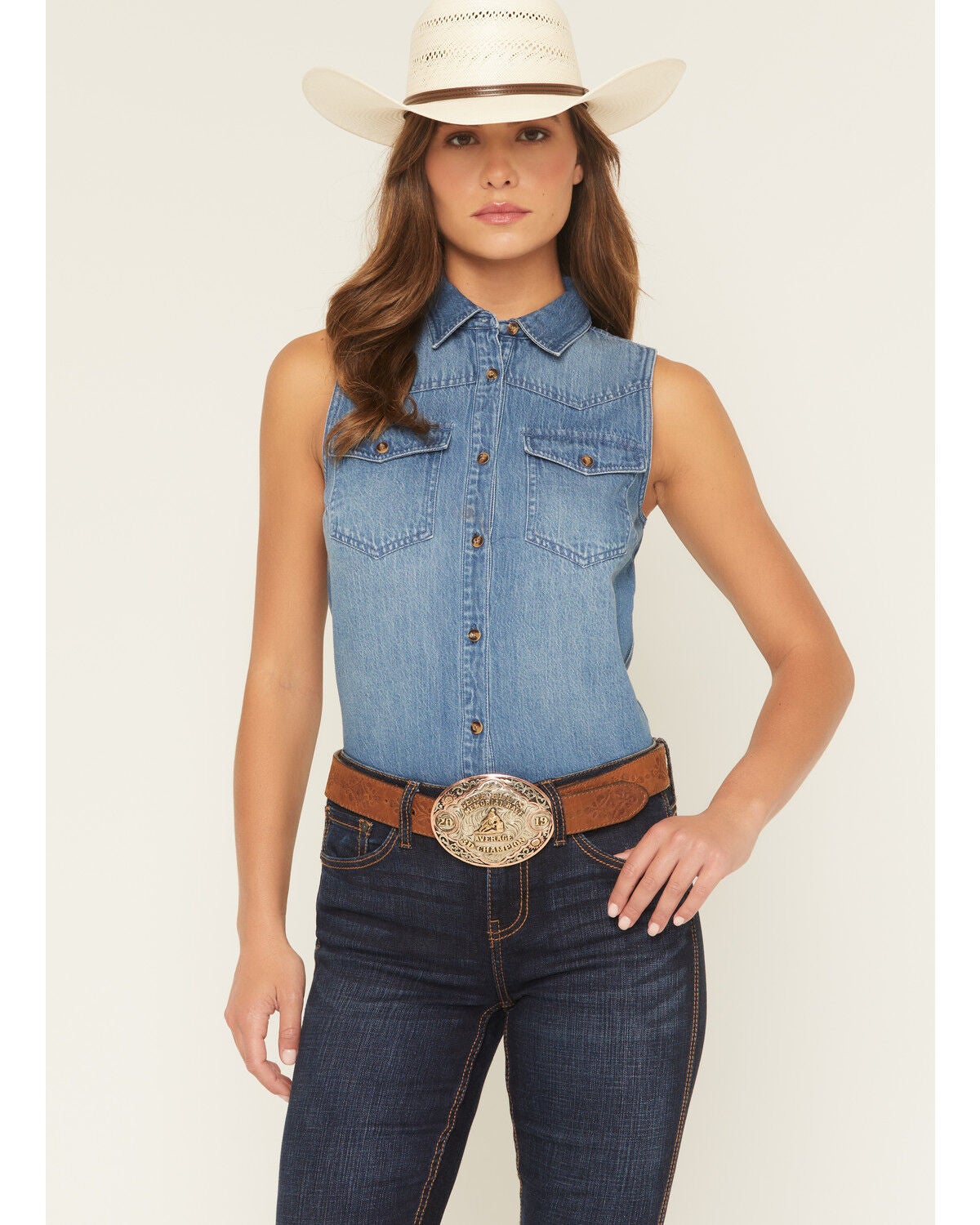 Shyanne Women's Medium Wash Sleeveless Button-Down Denim Shirt, Indigo, hi-res