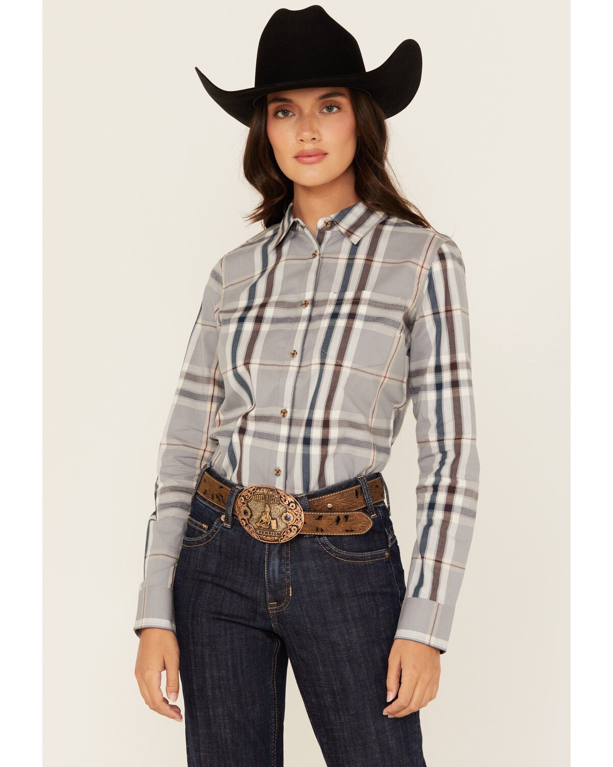 Shyanne Women's Plaid Print Long Sleeve Button-Down Stretch Western Shirt, Slate, hi-res