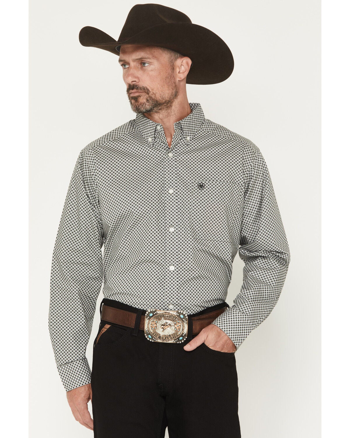 Ariat Men's Tristan Geo Print Long Sleeve Button-Down Western Shirt, Grey, hi-res