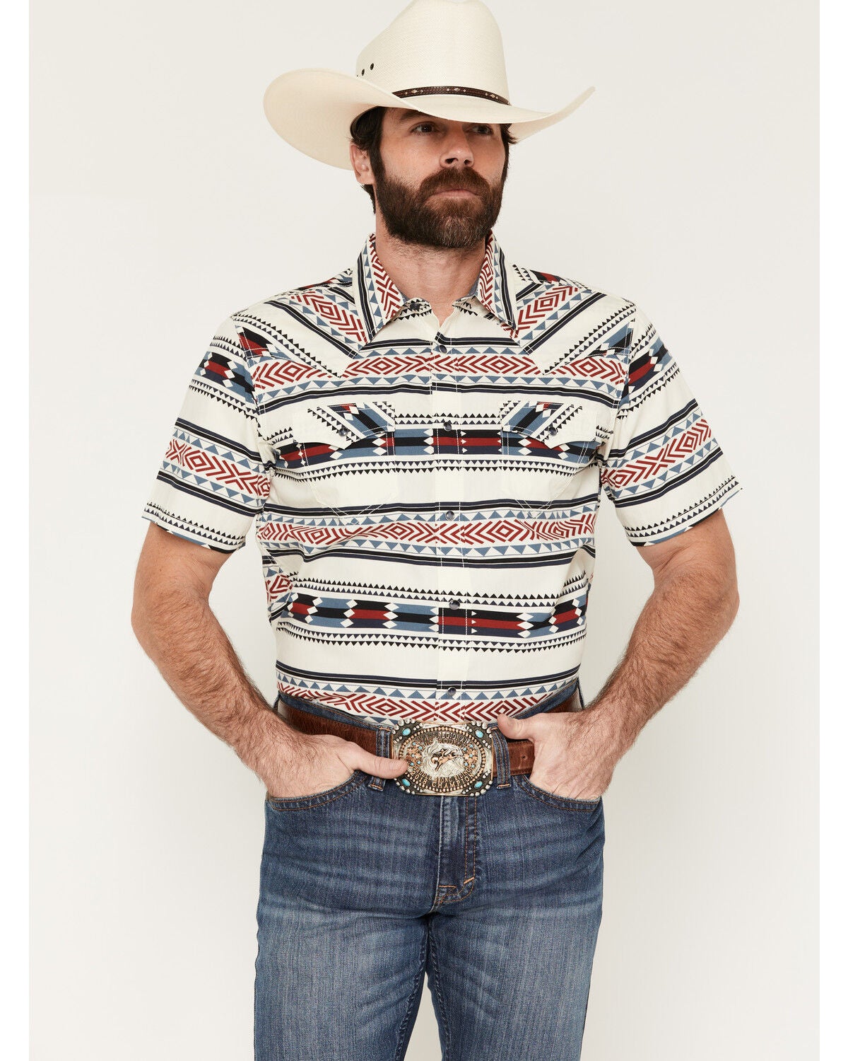 Cody James Indian Summer Southwestern Print Short Sleeve Snap Western Shirt, Ivory, hi-res