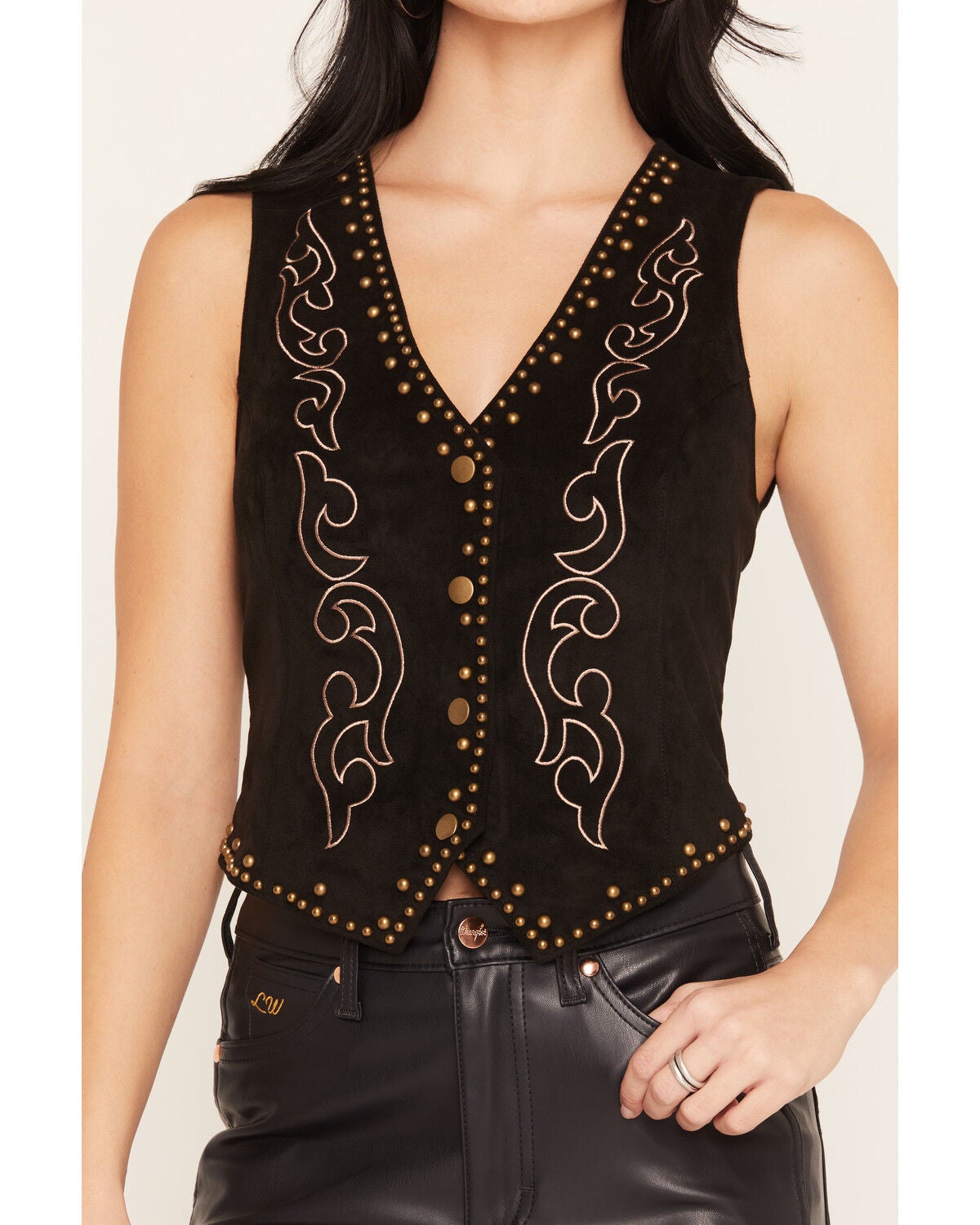 Image #3 - Rock & Roll Denim Women's Microsuede Embroidered Boot Stitch Studded Vest, Black, hi-res