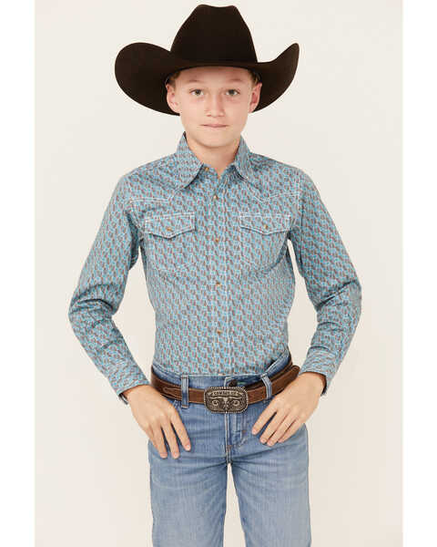 Wrangler Boys' Geo Print Long Sleeve Snap Comfort Western Shirt , Teal, hi-res