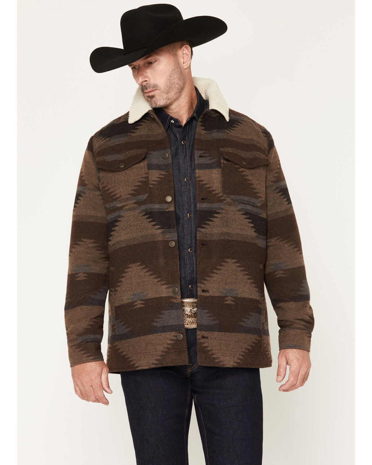 Cody James Men's Edward Southwestern Print Wool Sherpa Lined Jacket, Chocolate, hi-res