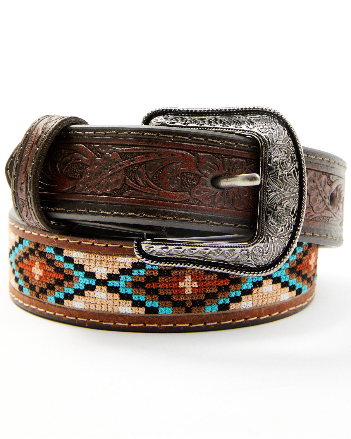 Roper Boys' Tonal Stitched Leather Trim Southwestern Print Belt, Brown, hi-res
