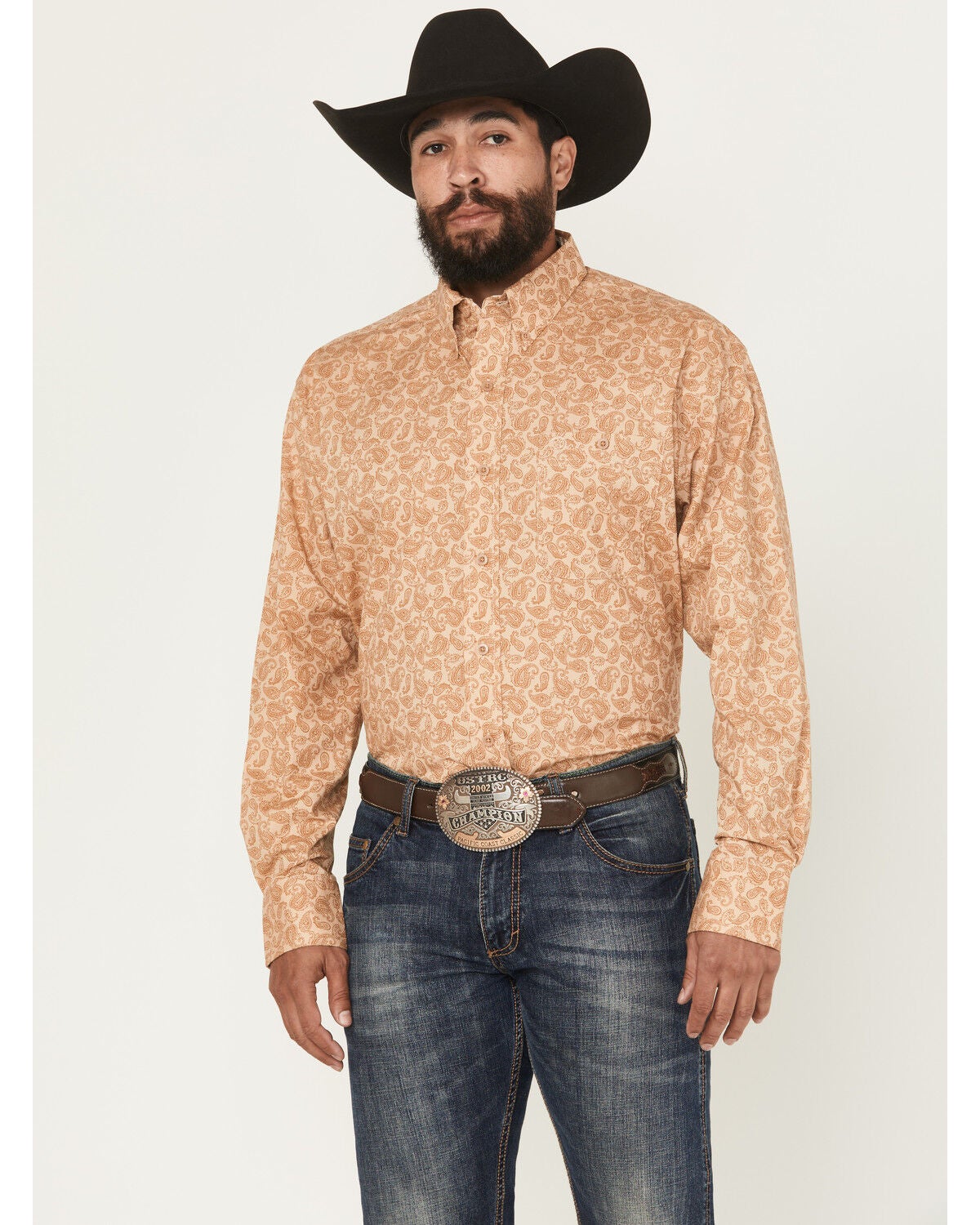 George Strait by Wrangler Men's Paisley Print Long Sleeve Button-Down Stretch Western Shirt - Tall, Brown, hi-res