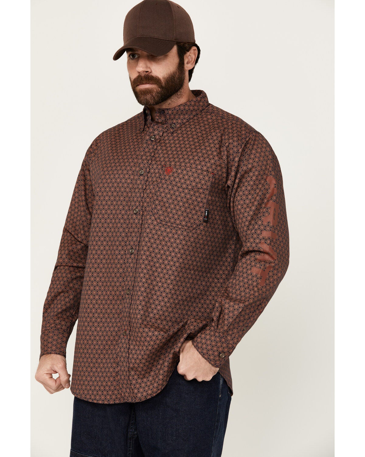 Ariat Men's FR Adirondack Geo Print Long Sleeve Button-Down Western Work Shirt, Red, hi-res