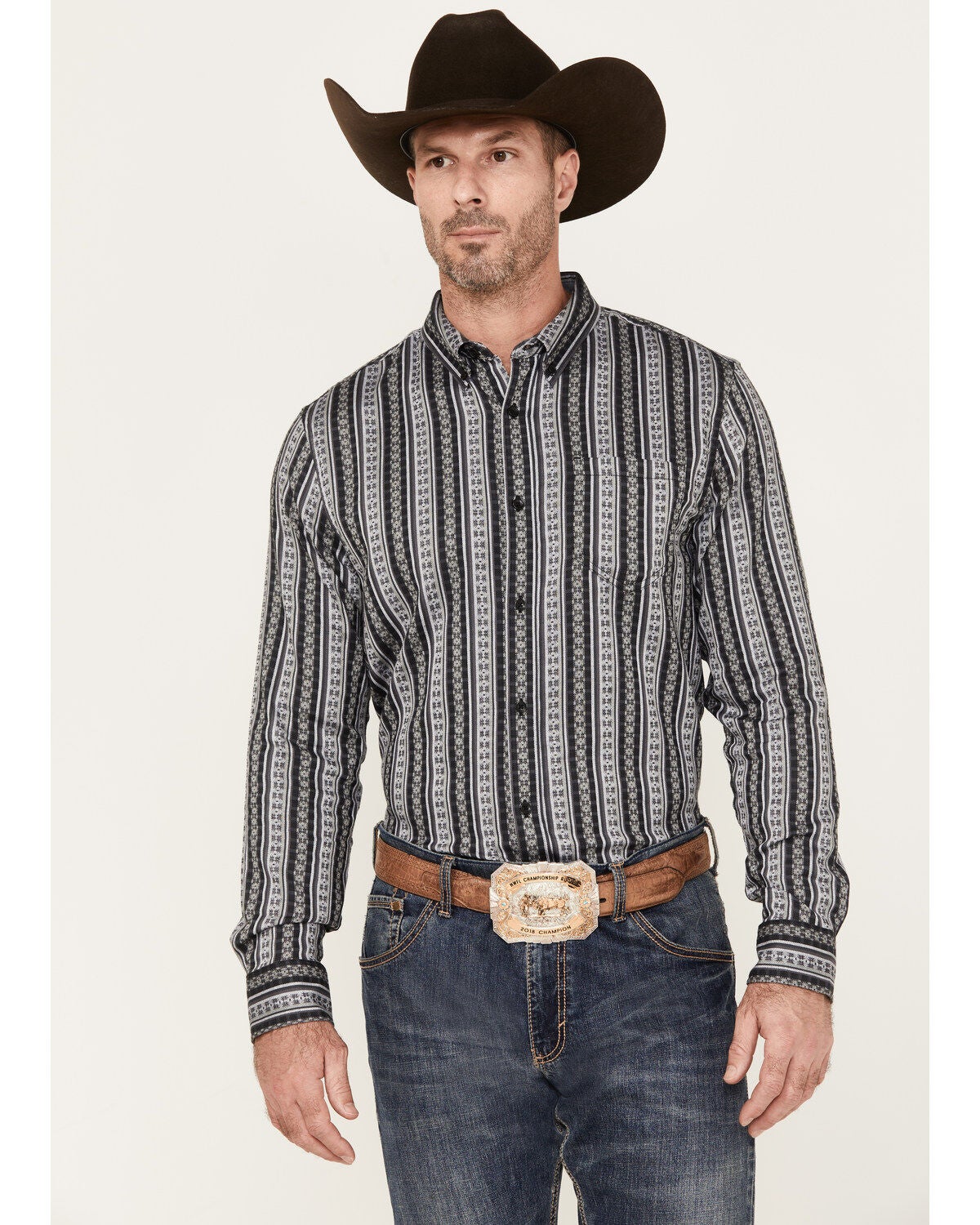 Cody James Men's Wiltern Striped Long Sleeve Button-Down Stretch Western Shirt, Grey, hi-res