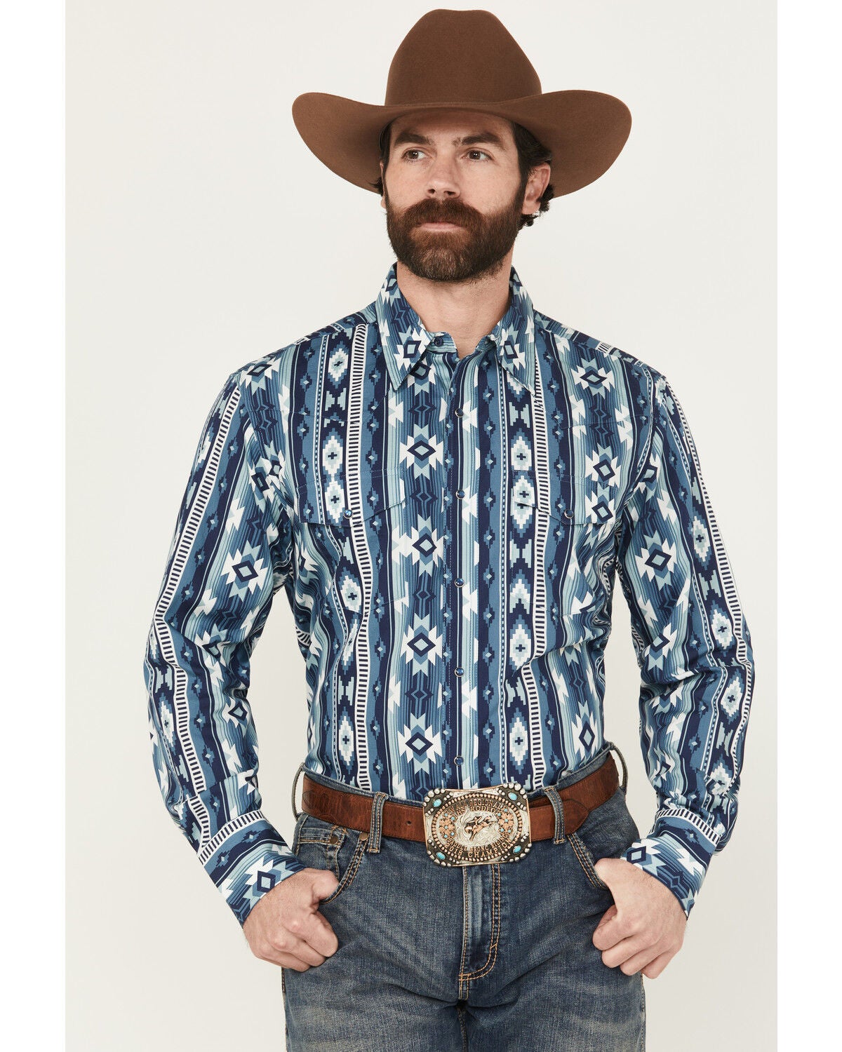 Wrangler Men's Checotah Southwestern Print Long Sleeve Snap Western Shirt, Blue, hi-res