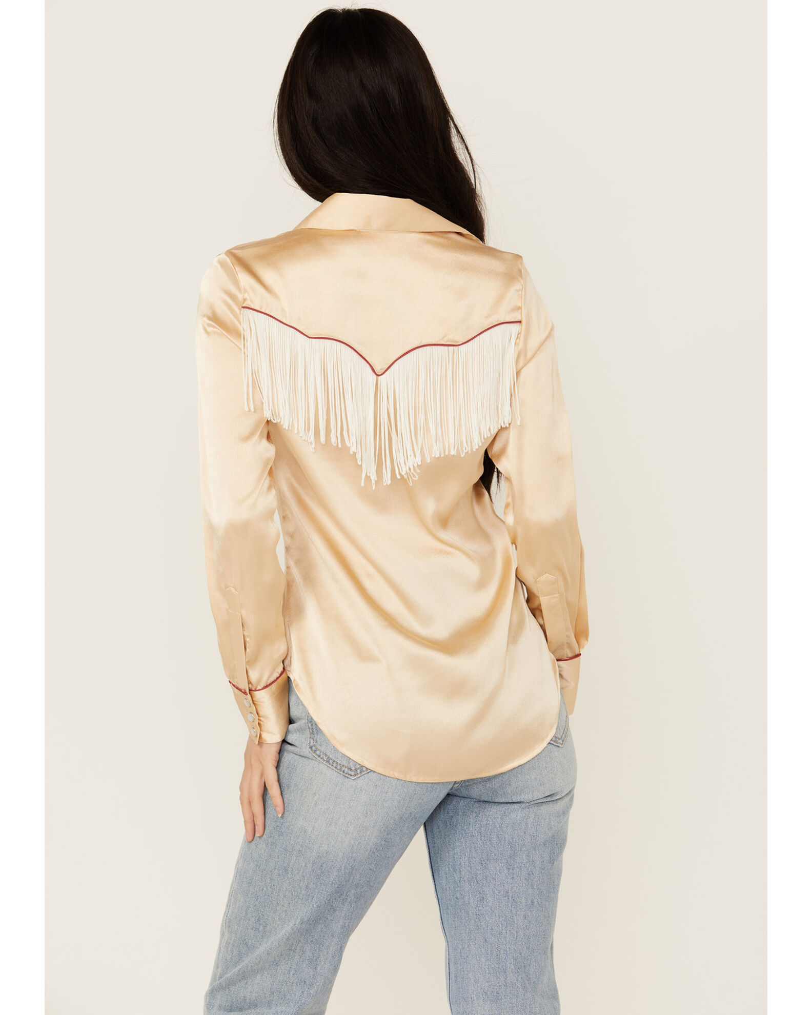 Image #4 - Scully Women's Fringe Long Sleeve Snap Western Shirt, Tan, hi-res