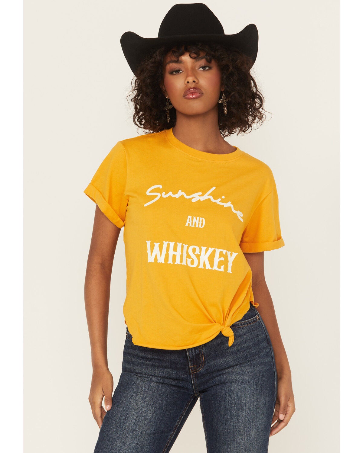 Shyanne Women's Sunshine and Whiskey Short Sleeve Tie-Front Graphic Tee, Gold, hi-res