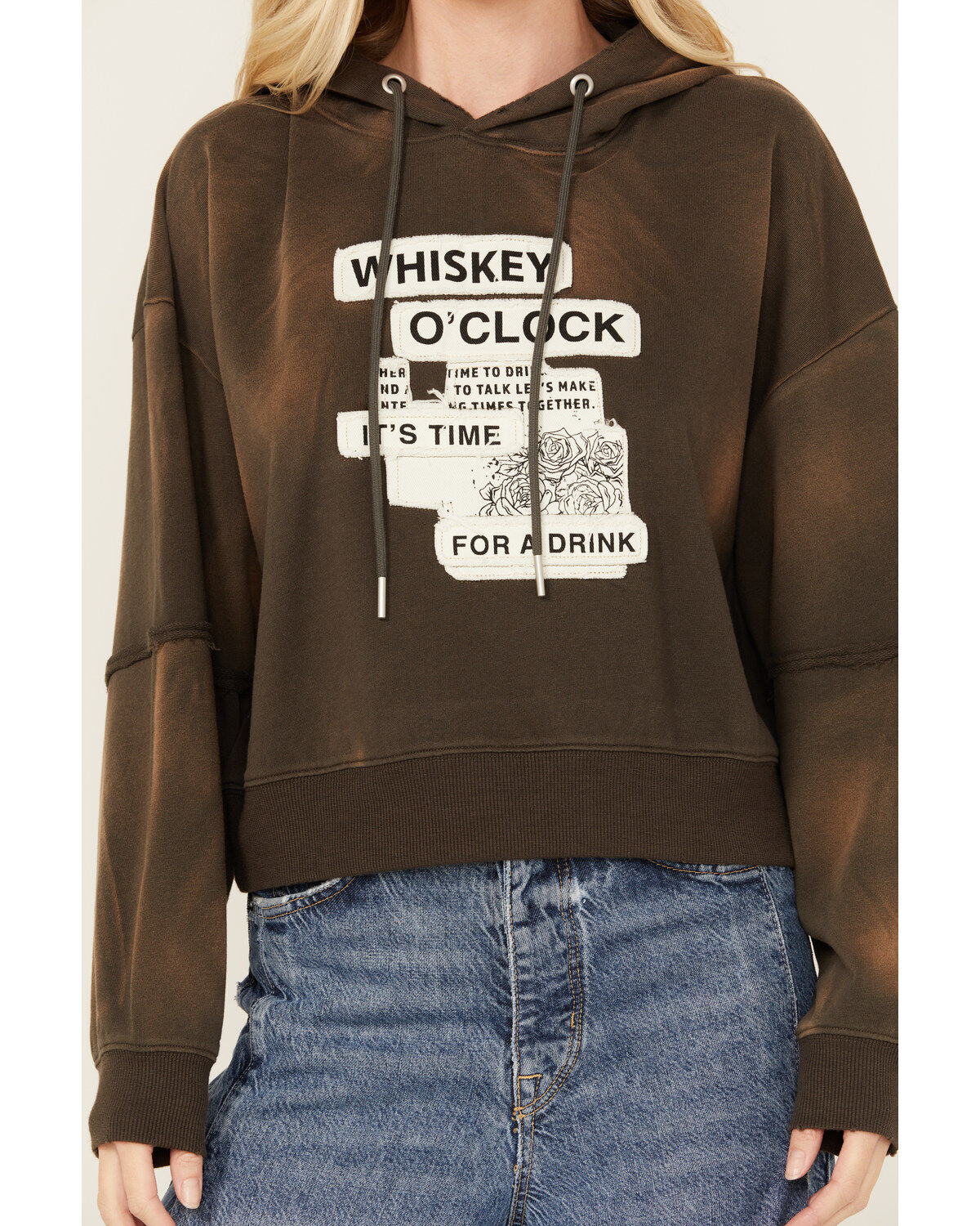 Image #3 - Cleo + Wolf Women's Bleached Deconstructed Whiskey Cropped Hoodie, Chocolate, hi-res
