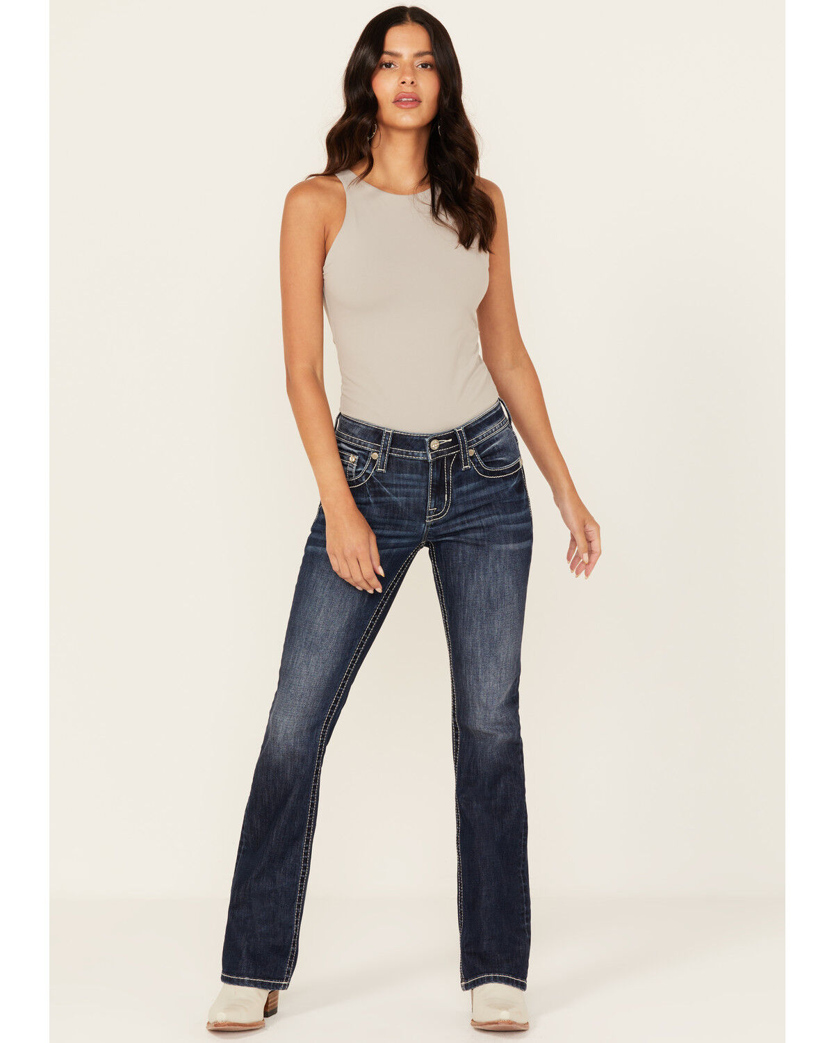 Image #3 - Miss Me Women's Dark Wash Mid Rise Faux Flap Pocket 30" Bootcut Stretch Denim Jeans, Dark Wash, hi-res
