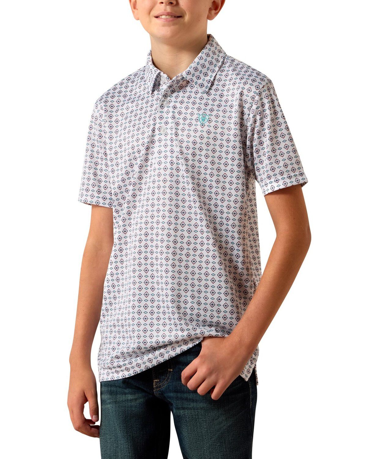 Ariat Boys' Southwestern Print Short Sleeve Button-Down Polo Shirt, White, hi-res