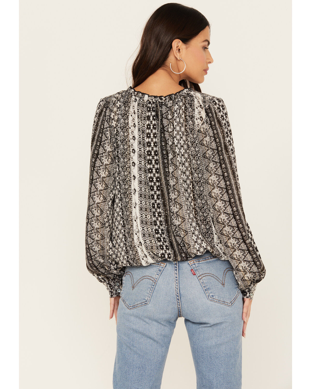 Image #4 - Wild Moss Women's Lurex Striped Long Sleeve Peasant Top, Black, hi-res