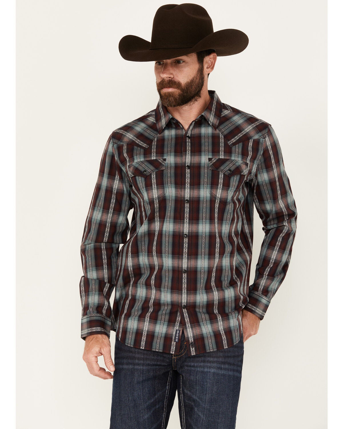 Moonshine Spirit&reg; Men's Lone Horn Plaid Print Long Sleeve Snap Western Shirt, Burgundy, hi-res