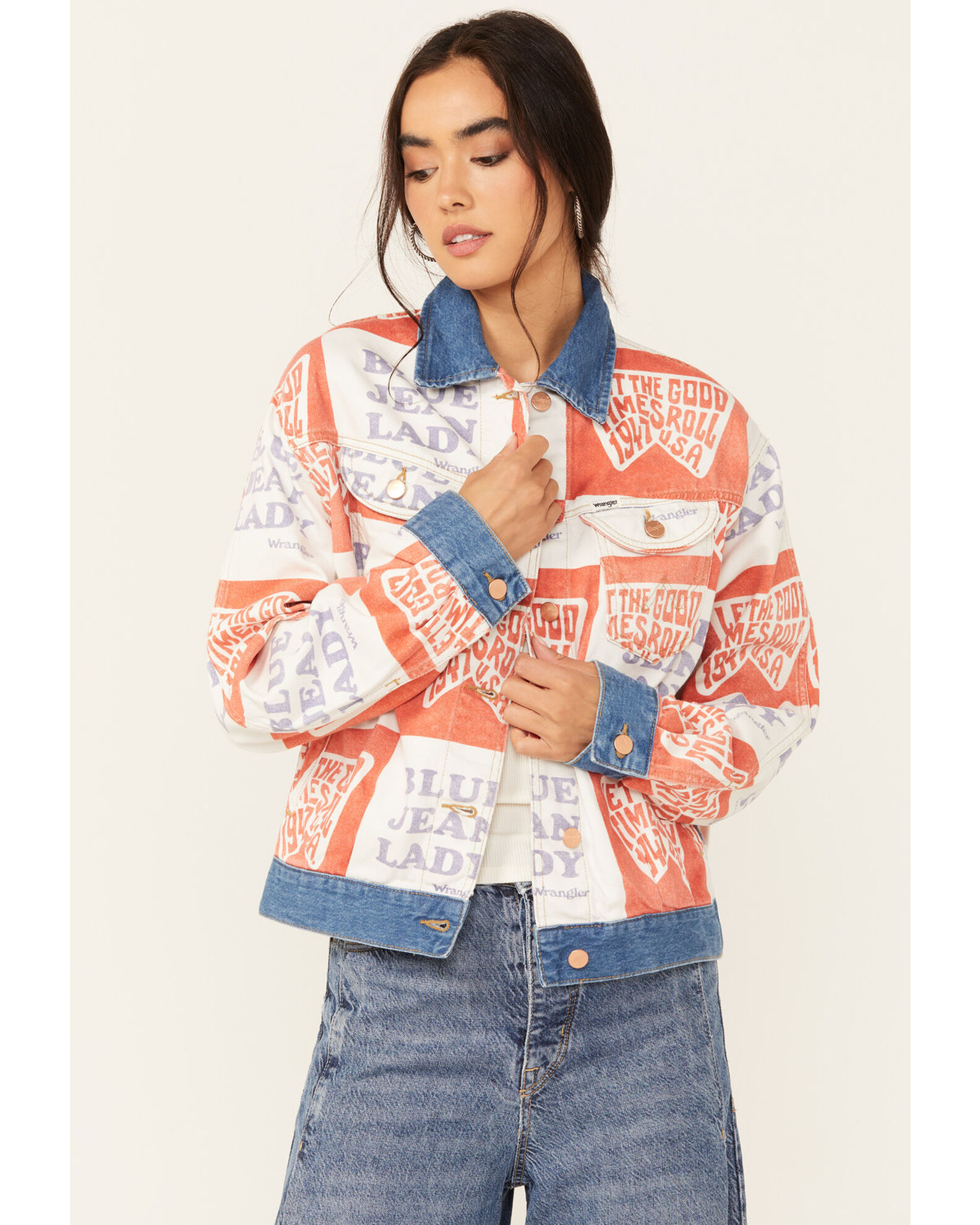 Wrangler Women s Blue Jean Lady Printed Denim Jacket Boot Barn