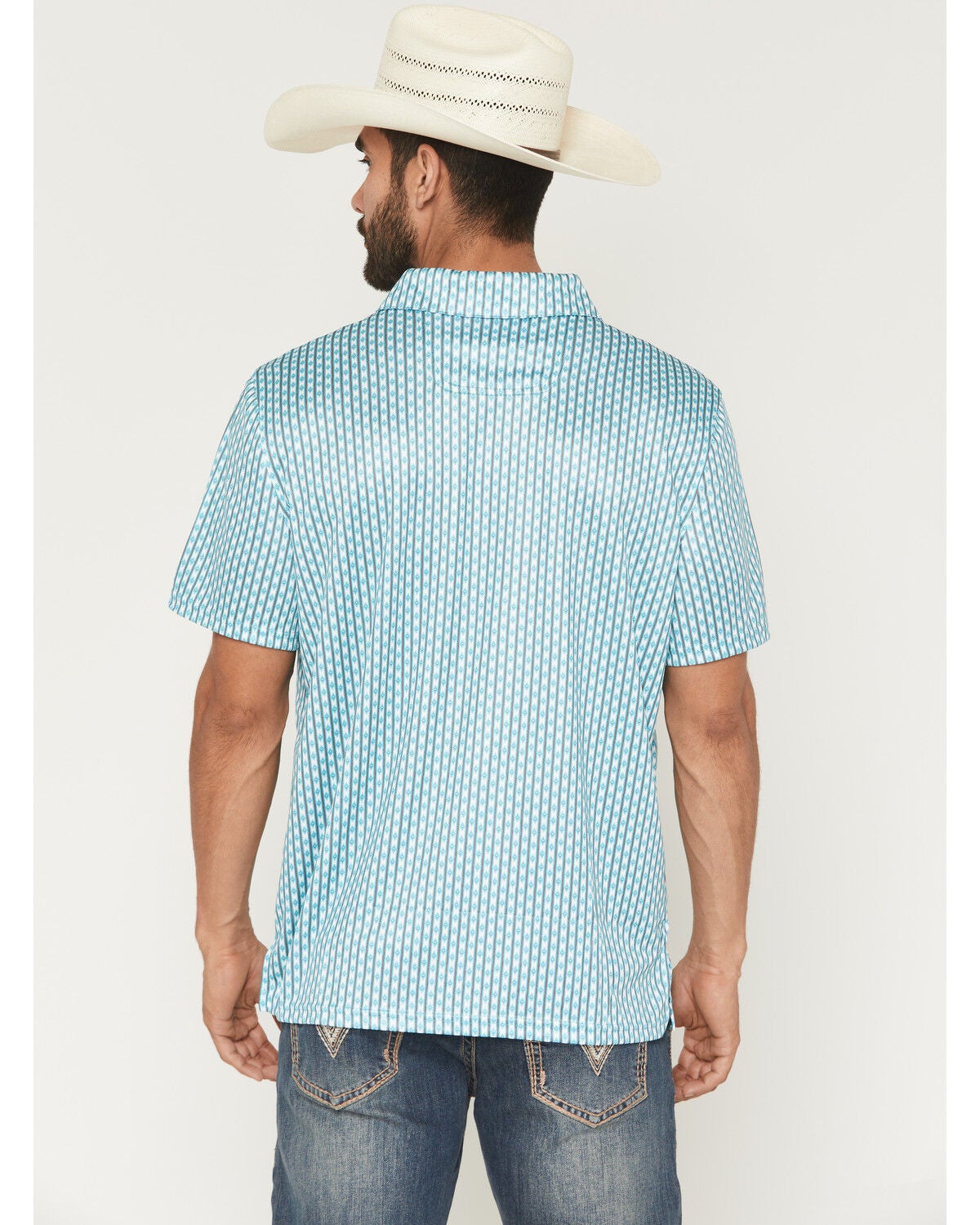 Image #4 - Panhandle Slim Men's Southwestern Striped Short Sleeve Button-Down Polo Shirt, Aqua, hi-res
