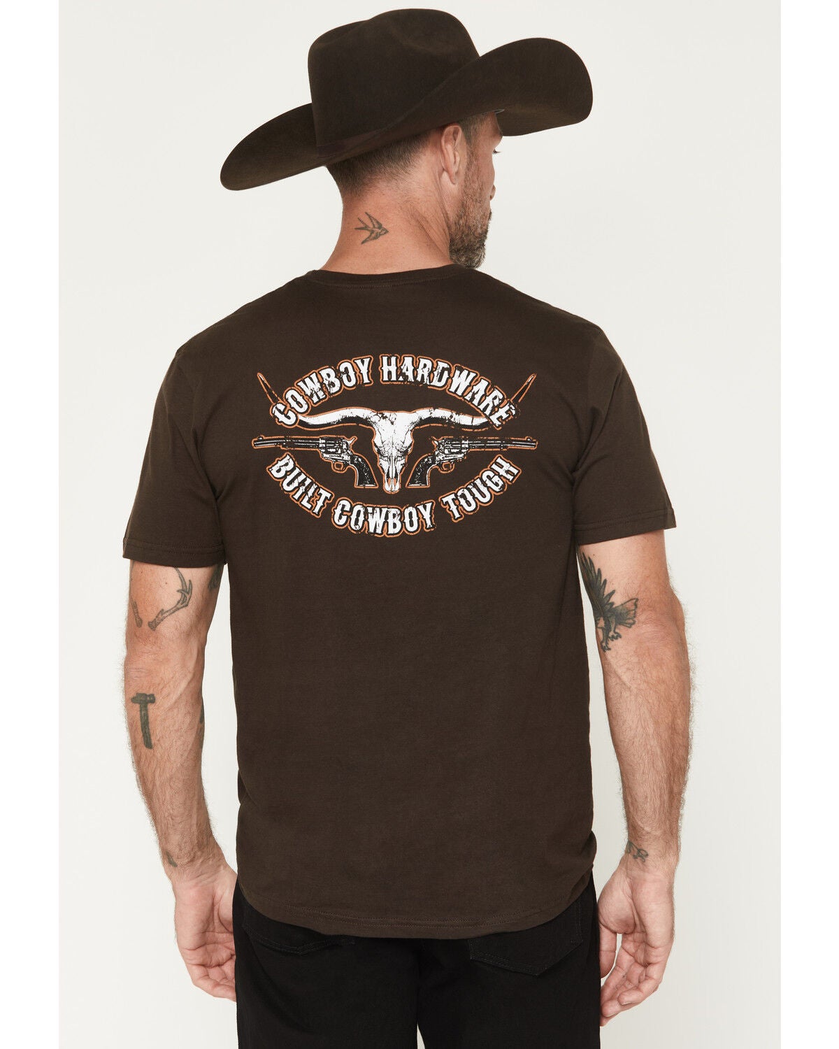 Cowboy Hardware Men's Boot Barn Exclusive Built Cowboy Tough Short Sleeve Graphic T-Shirt, Dark Brown, hi-res