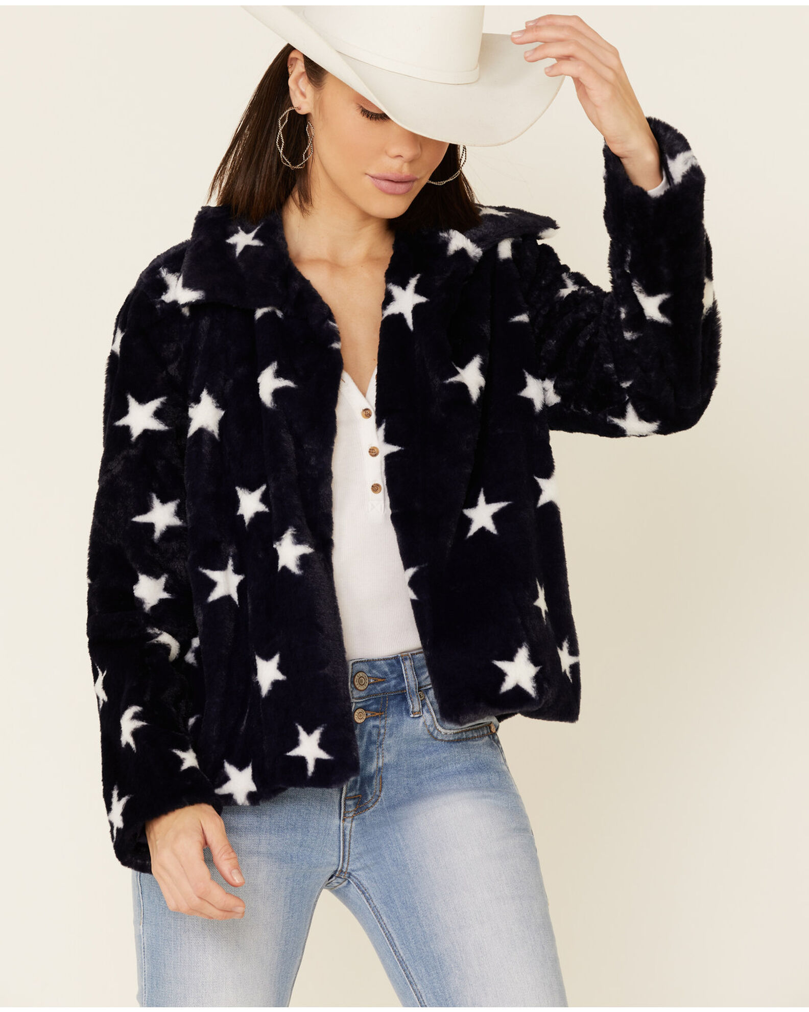 Product Name Hem Thread Women s Navy Star Print Faux Fur Jacket