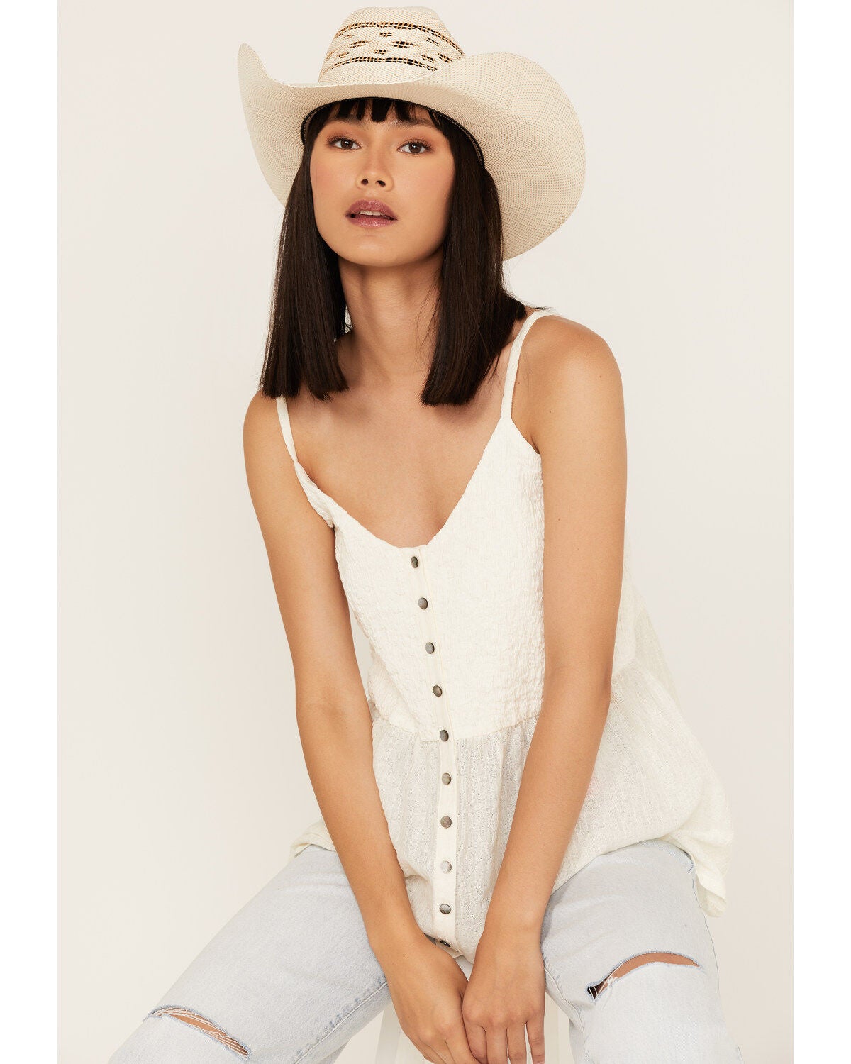 Cleo + Wolf Women's Smocked Button Front Woven Tank Top, Ivory, hi-res