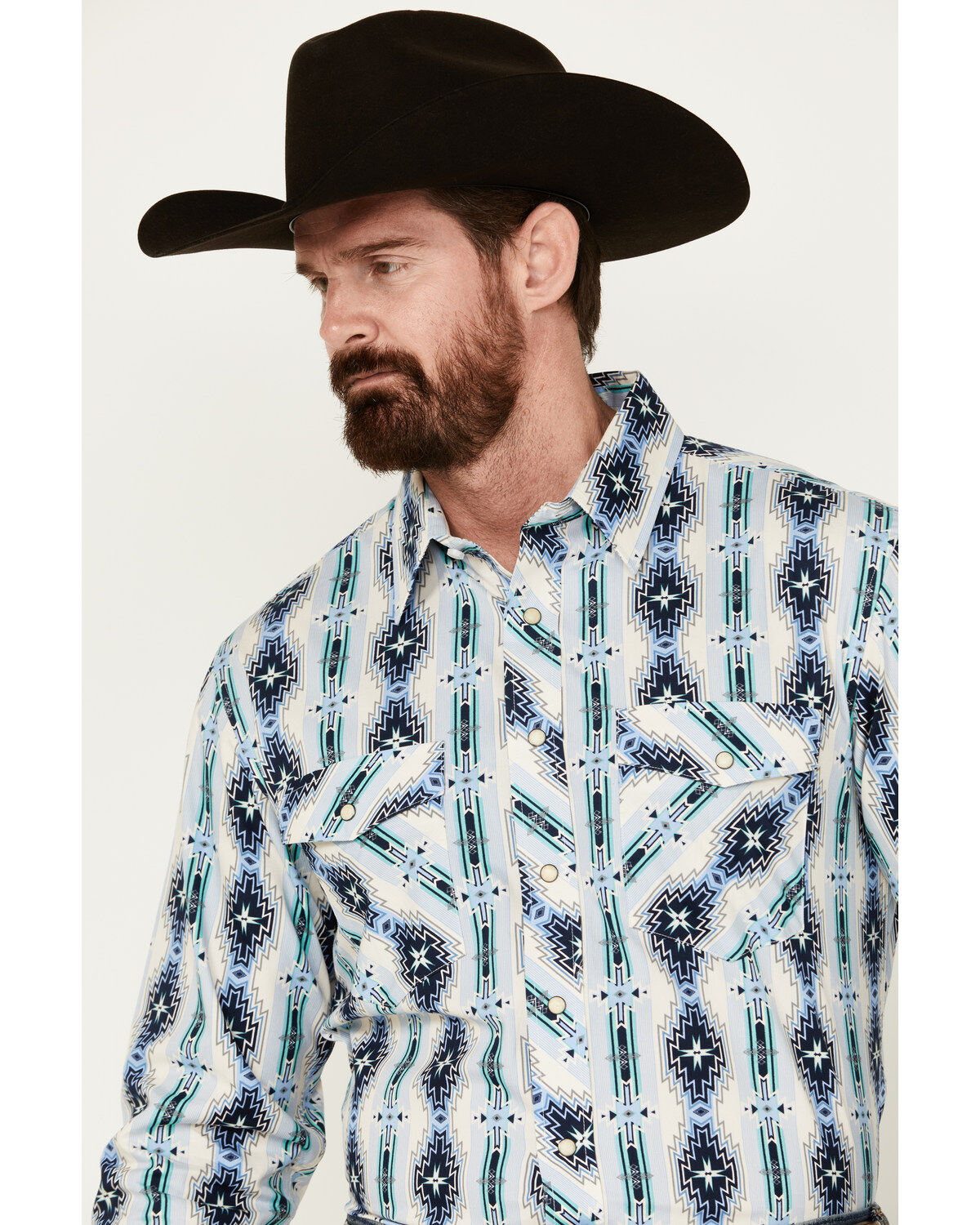 Image #2 - Panhandle Men's Southwestern Print Long Sleeve Pearl Snap Western Shirt, Cream, hi-res