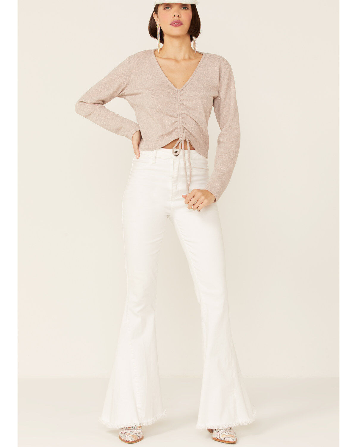 Image #4 - Wild Moss Women's Ribbed Lurex Cinch Front Knit Top, Ivory, hi-res