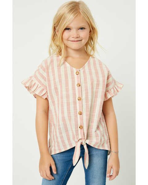Hayden Girls' Stripe Linen Button Down Top, Pink, hi-res