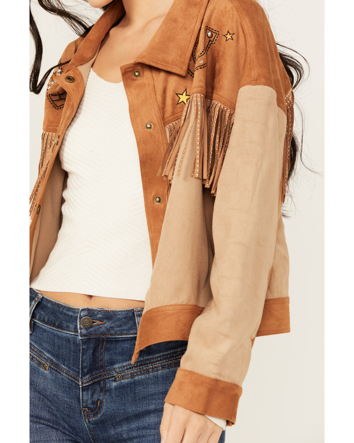 Image #3 - Miss Me Women's Western Embroidered Fringe Jacket, Tan, hi-res