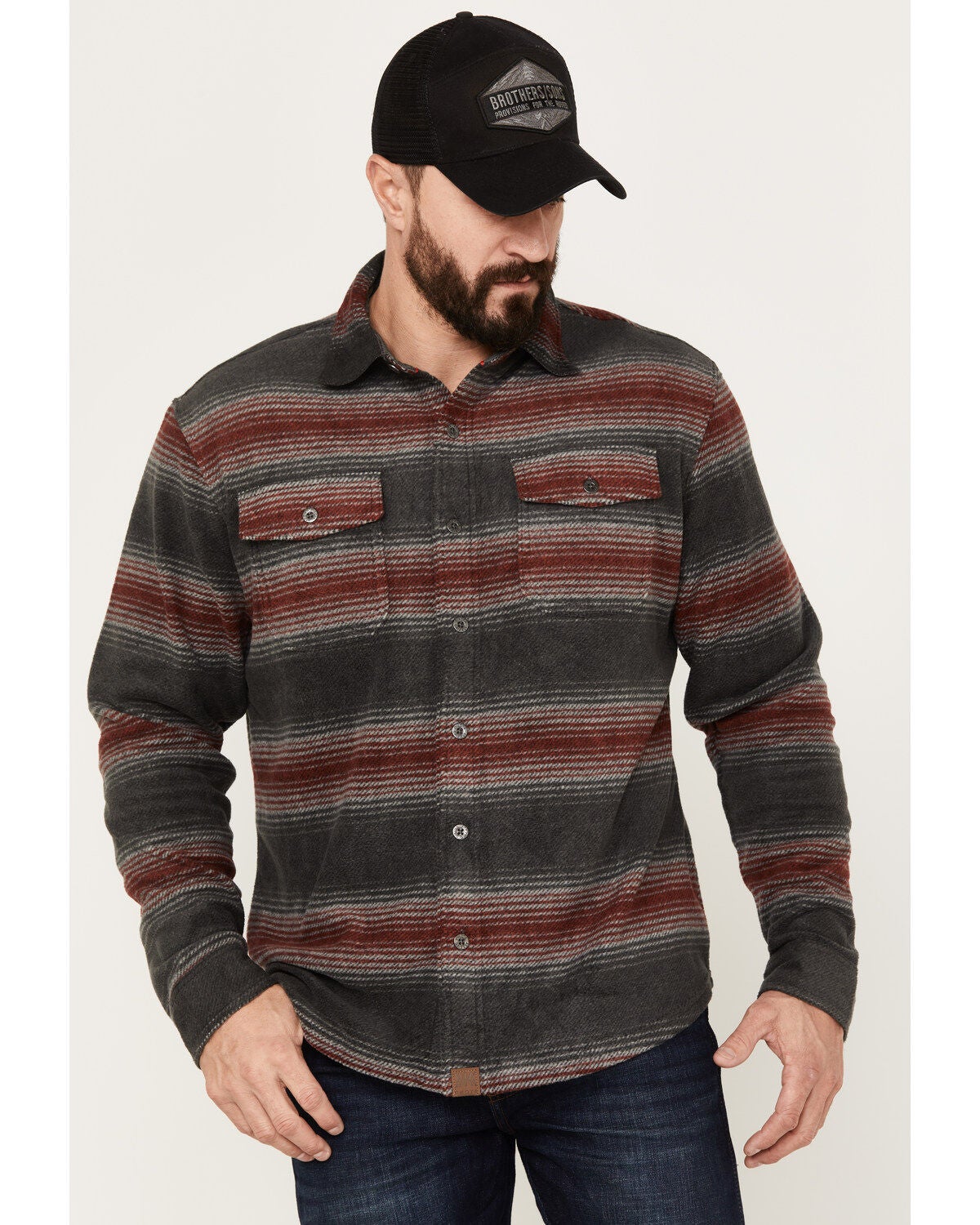Dakota Grizzly Men's Bowie Button Down Long Sleeve Striped Western Fleece Shirt, Red, hi-res