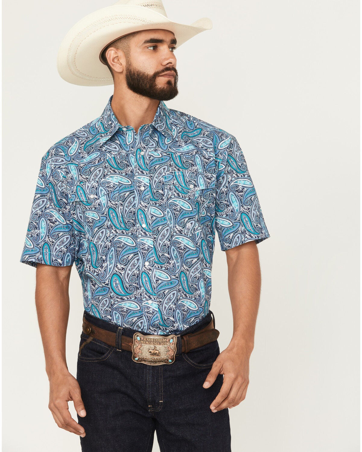 Roper Men's Amarillo Paisley Short Sleeve Pearl Snap Western Shirt, Blue, hi-res