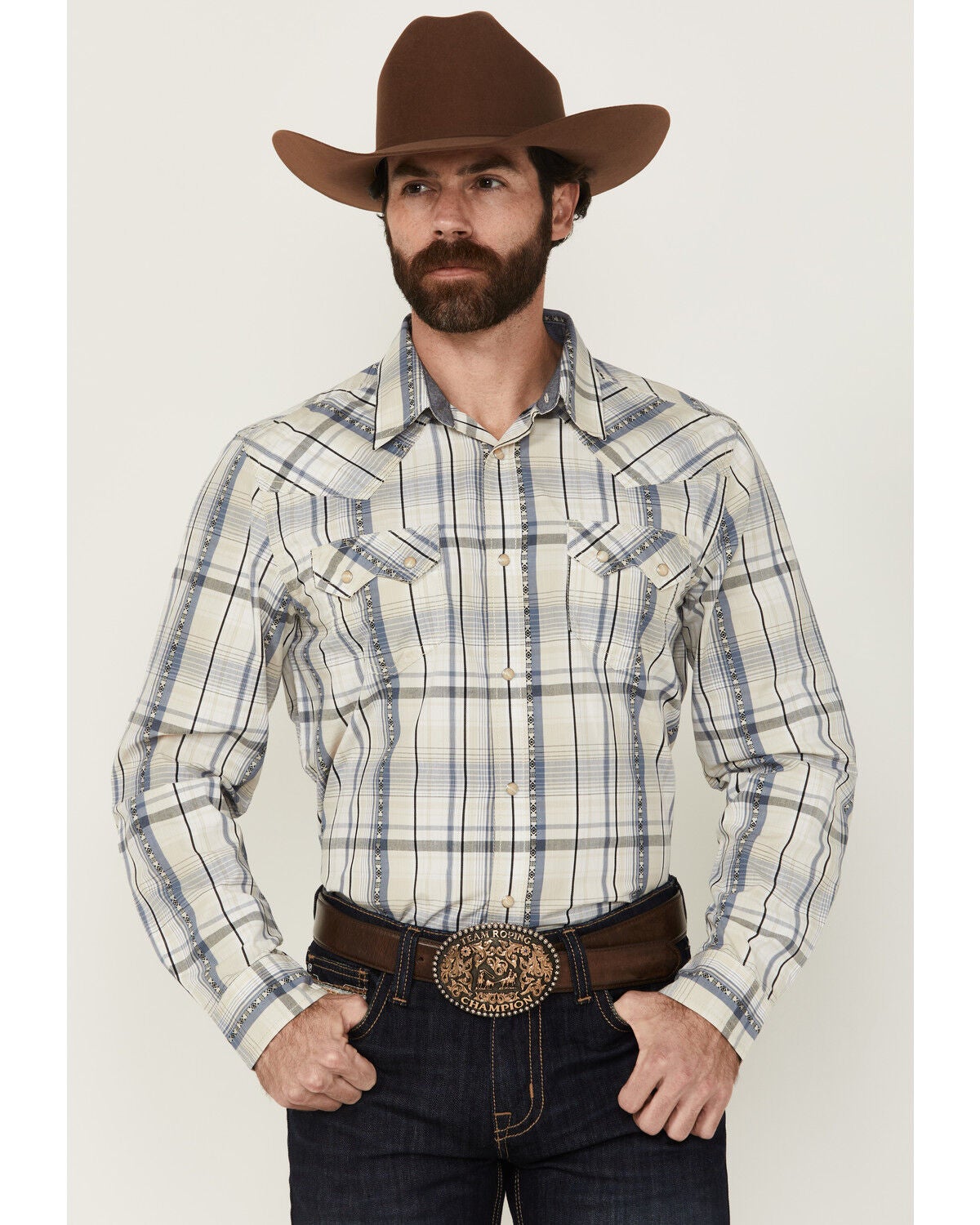 Cody James Men's Western Wind Plaid Print Long Sleeve Snap Western Shirt - Tall, Cream, hi-res