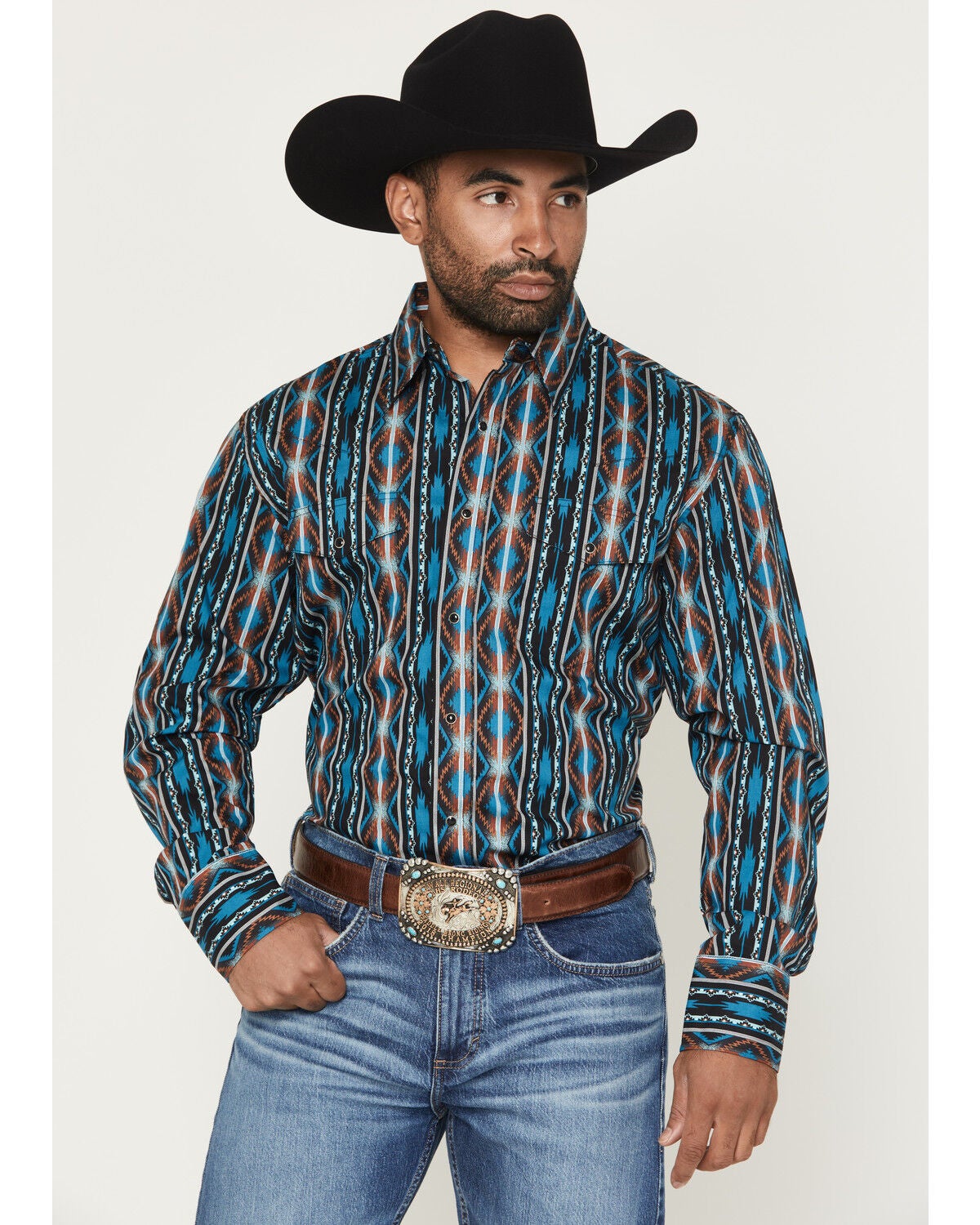Wrangler Men's Checotah Southwestern Print Long Sleeve Snap Western Shirt, Turquoise, hi-res