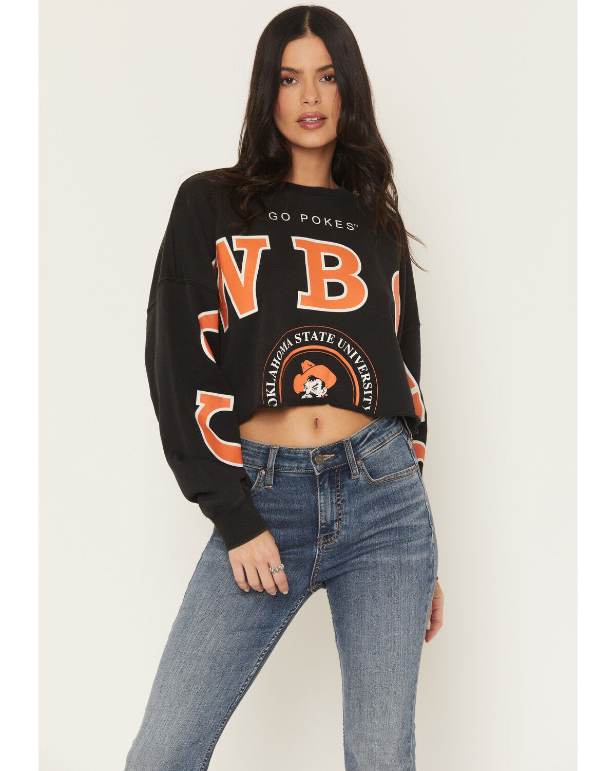 Image #1 - Gameday Women's OSU Split Long Sleeve Cropped Graphic Tee, Black, hi-res
