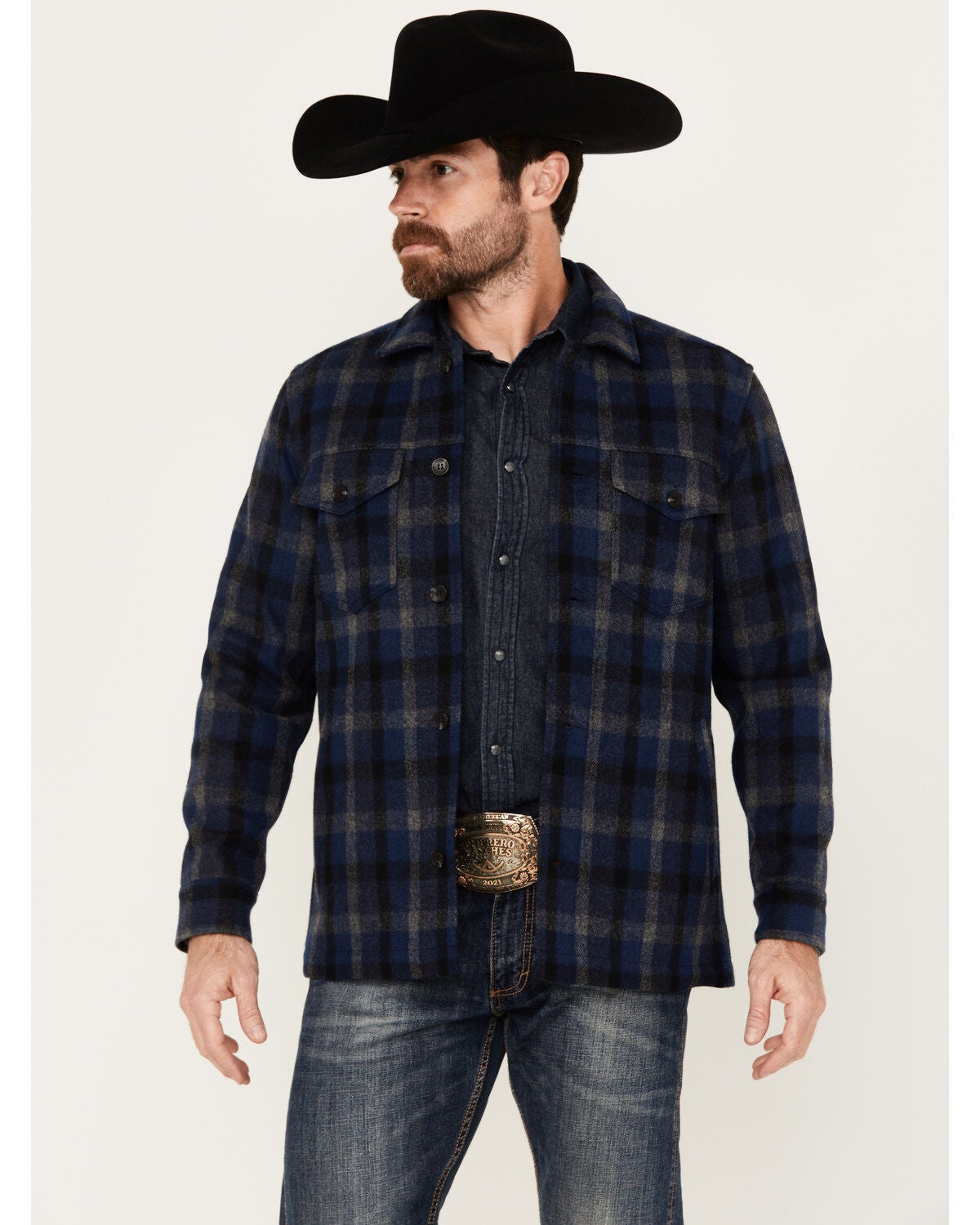Pendleton Men's Lawson Plaid Print Long Sleeve Button-Down Shirt Jacket, Navy, hi-res
