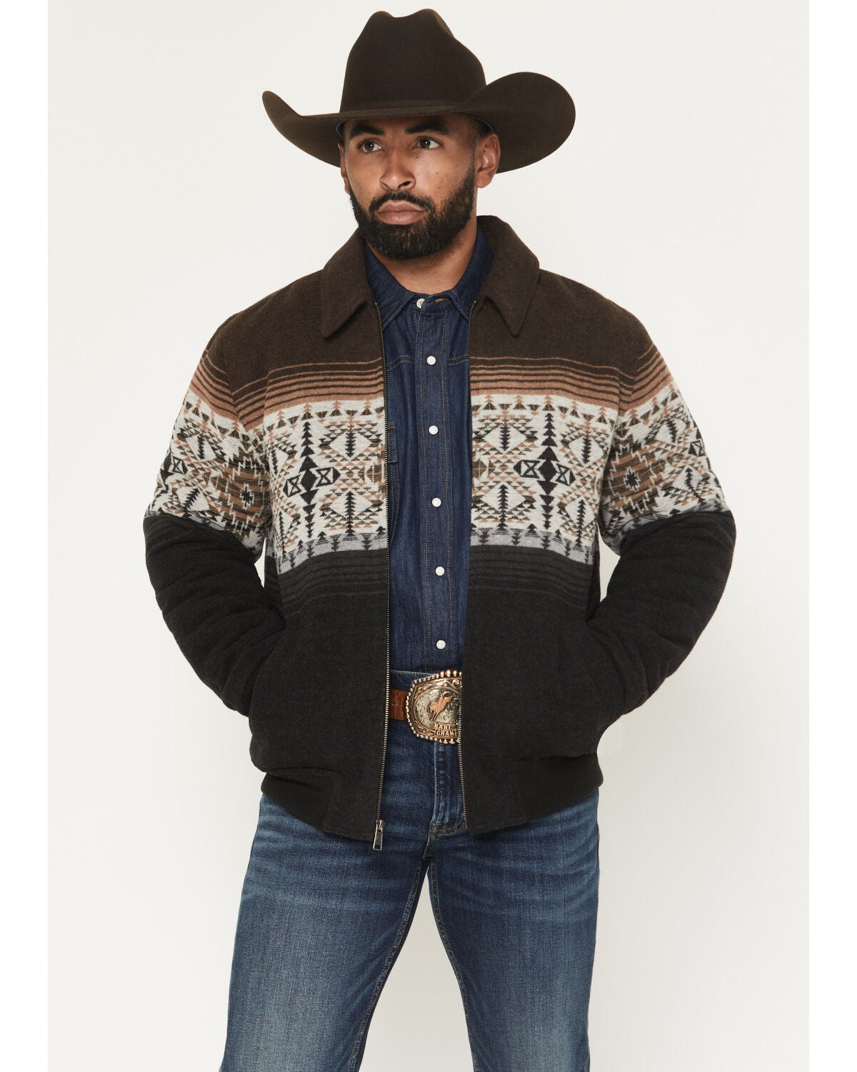 Panhandle Men's Pueblo Southwestern Border Print Bomber Jacket, Black, hi-res