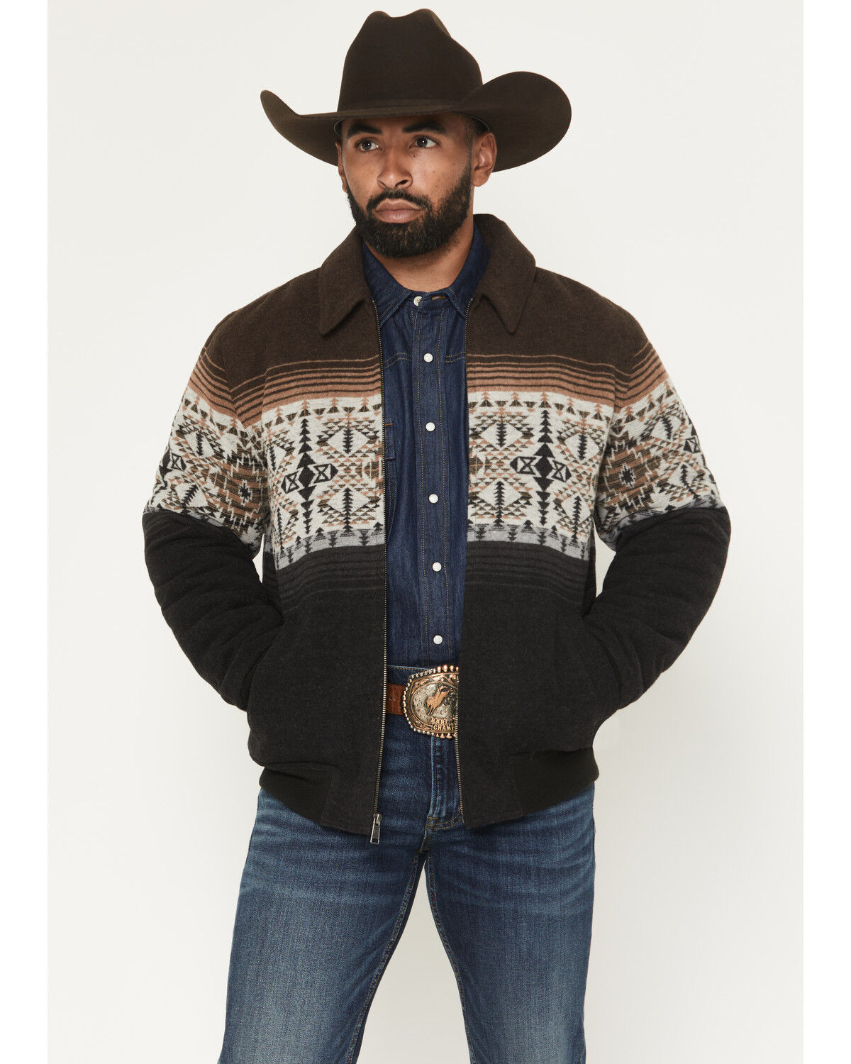 Image #1 - Panhandle Men's Pueblo Southwestern Border Print Bomber Jacket, Black, hi-res